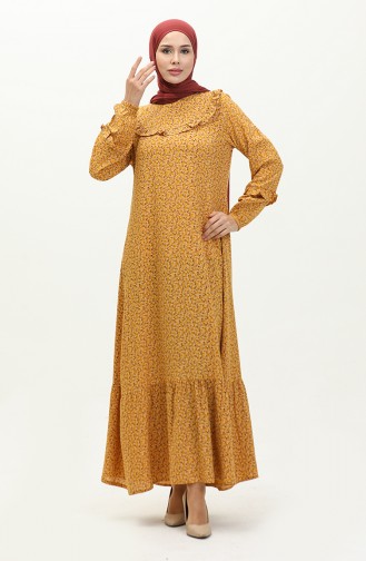 Frilly Patterned Viscose Dress 0179B-01 Mustard 0179-01