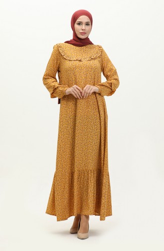 Frilly Patterned Viscose Dress 0179B-01 Mustard 0179-01