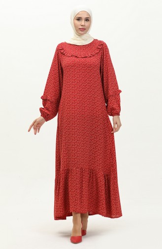 Frilly Patterned Viscose Dress 0179-15 Red Ecru 0179-15