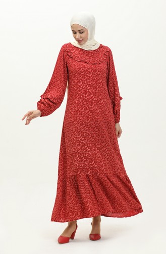 Frilly Patterned Viscose Dress 0179-15 Red Ecru 0179-15