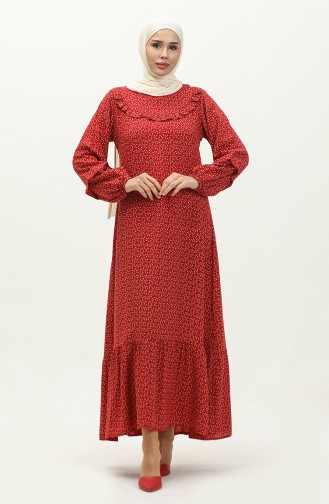 Frilly Patterned Viscose Dress 0179-15 Red Ecru 0179-15