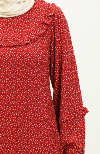 Fırfırlı Desenli Viskon Elbise 0179-15 Kırmızı Ekru