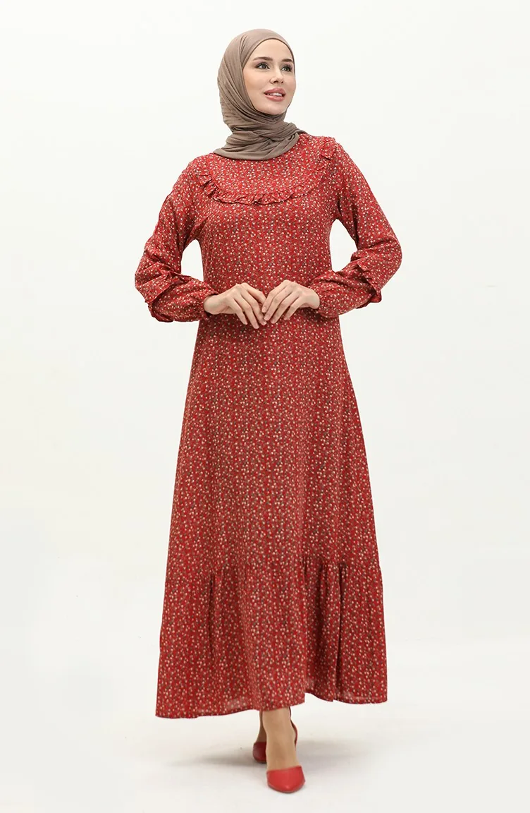 Rüschengemustertes Viskosekleid 0179-17 Weinrot Marineblau 0179-17