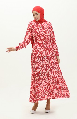 Çiçek Desenli Viskon Elbise 0186-01 Kırmızı