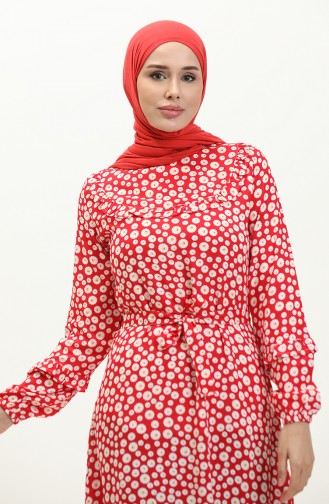 Çiçek Desenli Viskon Elbise 0186-01 Kırmızı
