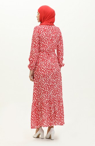 Çiçek Desenli Viskon Elbise 0186-01 Kırmızı