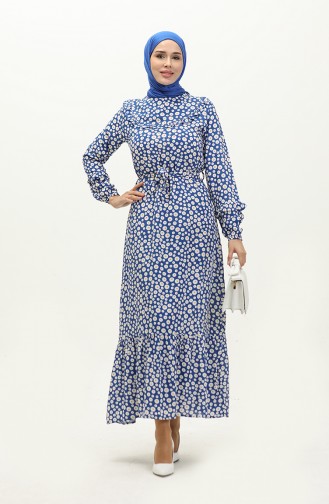 Flower Patterned Viscose Dress 0186-03 Sax 0186-03