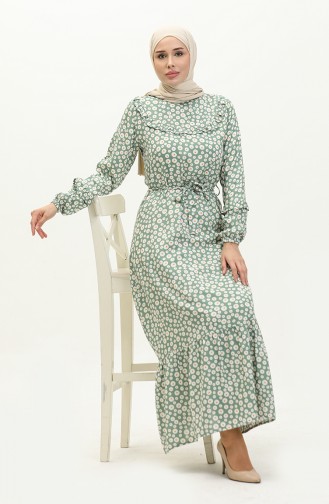 Floral Patterned Viscose Dress 0186-04 Khaki 0186-04