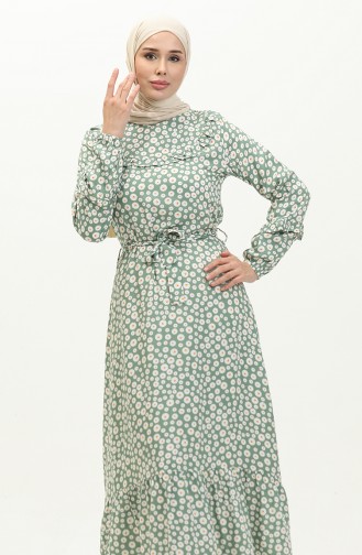 Floral Patterned Viscose Dress 0186-04 Khaki 0186-04