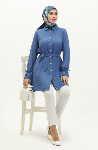 Full-length Buttoned Belted Tunic 1007-06 Indigo 1007-06