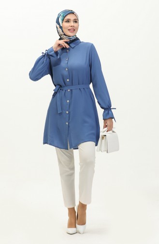 Full-length Buttoned Belted Tunic 1007-06 Indigo 1007-06