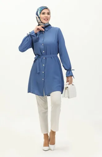 Boydan Düğmeli Kuşaklı Tunik 1007-06 İndigo