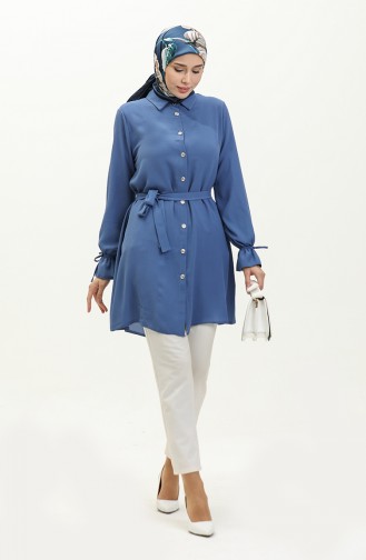 Full-length Buttoned Belted Tunic 1007-06 Indigo 1007-06