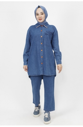 Denim 2-Piece Suit With Bead Detail On Collar 6925-01 Denim Blue 6925-01