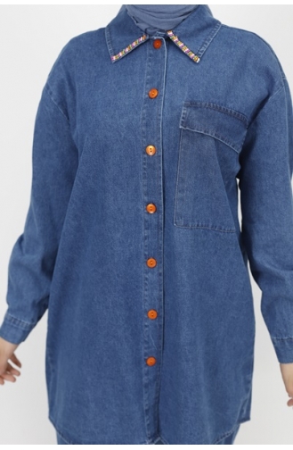 Denim Tweedelig Pak Met Kralendetail Op De Kraag 6925-01 Denimblauw 6925-01