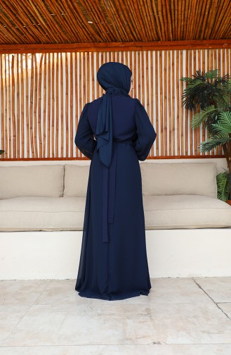 Robe De Soirée Mousseline à Ceinture 5711-12 Bleu Marine 5711-12