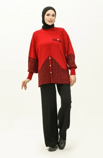 Triko Tunik Pantolon İkili Takım 1023-07 Kırmızı Siyah