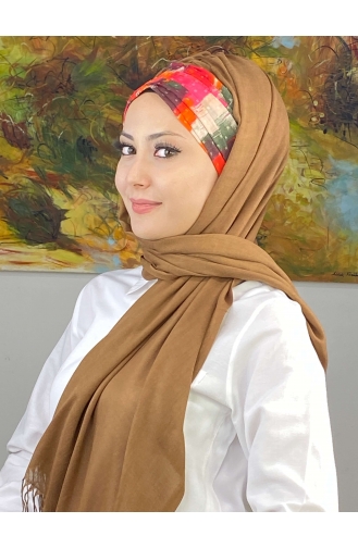 Multicolored Retro Patterned Gathered Ready-made Shawl EKM1BZGSL55-14 Light Brown 1BZGSL55-14