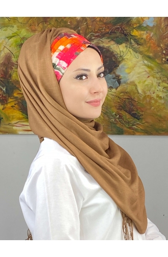 Multicolored Retro Patterned Gathered Ready-made Shawl EKM1BZGSL55-14 Light Brown 1BZGSL55-14