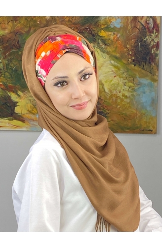 Multicolored Retro Patterned Gathered Ready-made Shawl EKM1BZGSL55-14 Light Brown 1BZGSL55-14