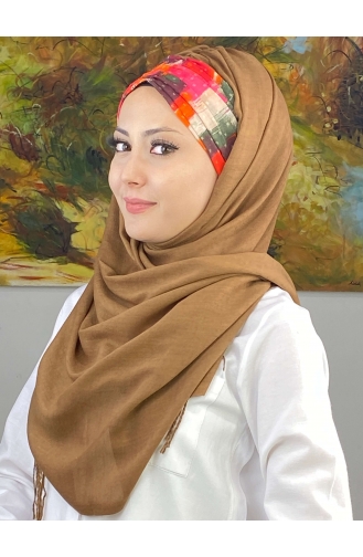 Multicolored Retro Patterned Gathered Ready-made Shawl EKM1BZGSL55-14 Light Brown 1BZGSL55-14