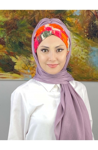 Multicolored Retro Patterned Gathered Ready-made Shawl EKM1BZGSL55-01 Lilac Color 1BZGSL55-01