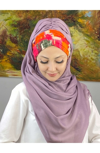 Multicolored Retro Patterned Gathered Ready-made Shawl EKM1BZGSL55-01 Lilac Color 1BZGSL55-01