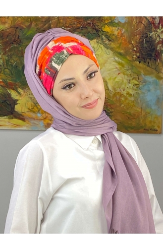 Multicolored Retro Patterned Gathered Ready-made Shawl EKM1BZGSL55-01 Lilac Color 1BZGSL55-01