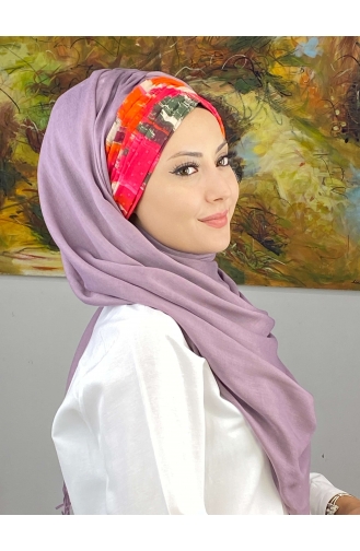 Multicolored Retro Patterned Gathered Ready-made Shawl EKM1BZGSL55-01 Lilac Color 1BZGSL55-01