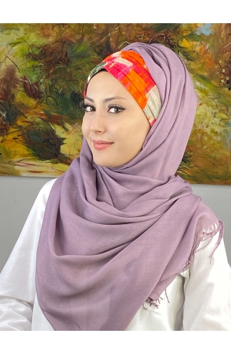 Multicolored Retro Patterned Gathered Ready-made Shawl EKM1BZGSL55-01 Lilac Color 1BZGSL55-01