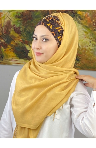 Geometric Patterned Gathered Ready Made Shawl EKM1BZGSL33-09 Light Mustard 1BZGSL33-09