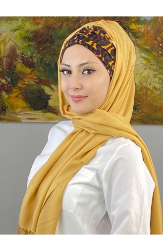 Geometric Patterned Gathered Ready Made Shawl EKM1BZGSL33-09 Light Mustard 1BZGSL33-09