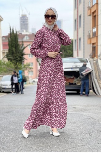 Gemustertes Hijab-Kleid Mit Gürtel Dusty Rose 0243SGS.GKR