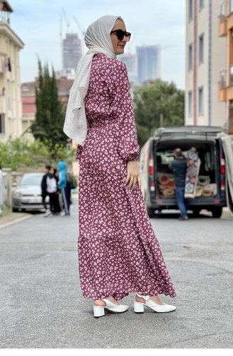 Gemustertes Hijab-Kleid Mit Gürtel Dusty Rose 0243SGS.GKR
