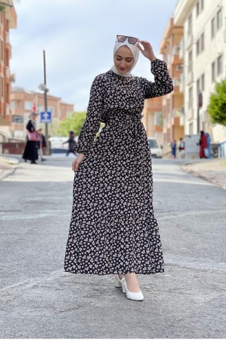 Robe Hijab à Motifs Ceinturée Noir 0243SGS.SYH