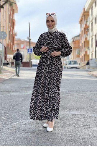 Robe Hijab à Motifs Ceinturée Noir 0243SGS.SYH