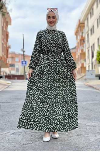 Belted Patterned Hijab Dress Emerald 0243SGS.ZMR