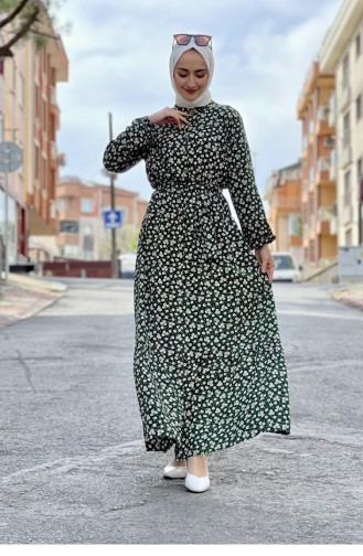 Belted Patterned Hijab Dress Emerald 0243SGS.ZMR