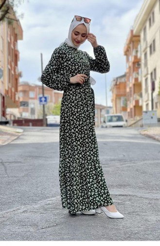 Belted Patterned Hijab Dress Emerald 0243SGS.ZMR