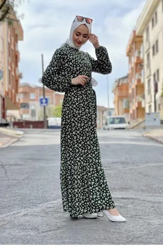 Kemerli Desenli Tesettür Elbise Zümrüt