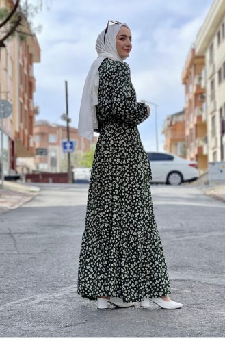 Belted Patterned Hijab Dress Emerald 0243SGS.ZMR