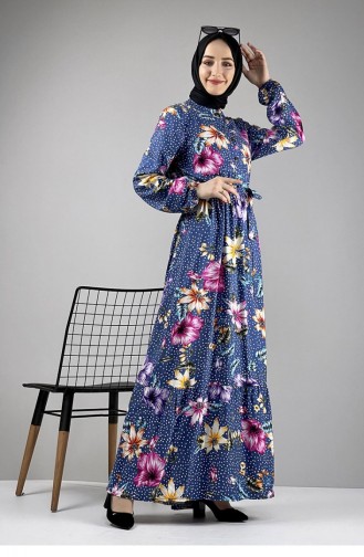 Robe Hijab à Motifs Bleu Pétrole 0247SGS.PMV
