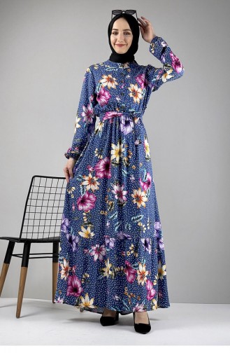 Robe Hijab à Motifs Bleu Pétrole 0247SGS.PMV