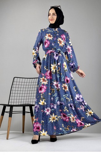Robe Hijab à Motifs Bleu Pétrole 0247SGS.PMV