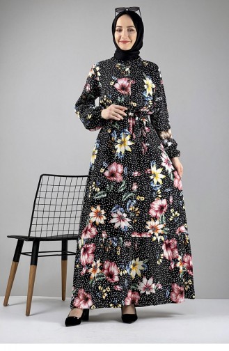 Gemustertes Hijab-Kleid Schwarz Dusty Rose 0247SGS.SYG