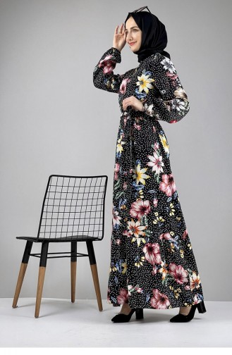 Gemustertes Hijab-Kleid Schwarz Dusty Rose 0247SGS.SYG