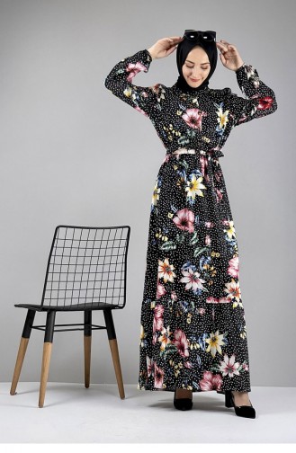 Gemustertes Hijab-Kleid Schwarz Dusty Rose 0247SGS.SYG