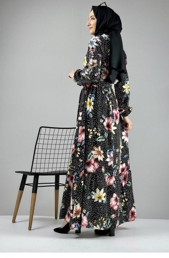 Gemustertes Hijab-Kleid Schwarz Dusty Rose 0247SGS.SYG