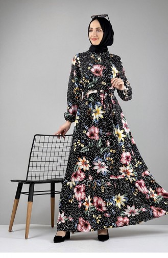 Gemustertes Hijab-Kleid Schwarz Dusty Rose 0247SGS.SYG