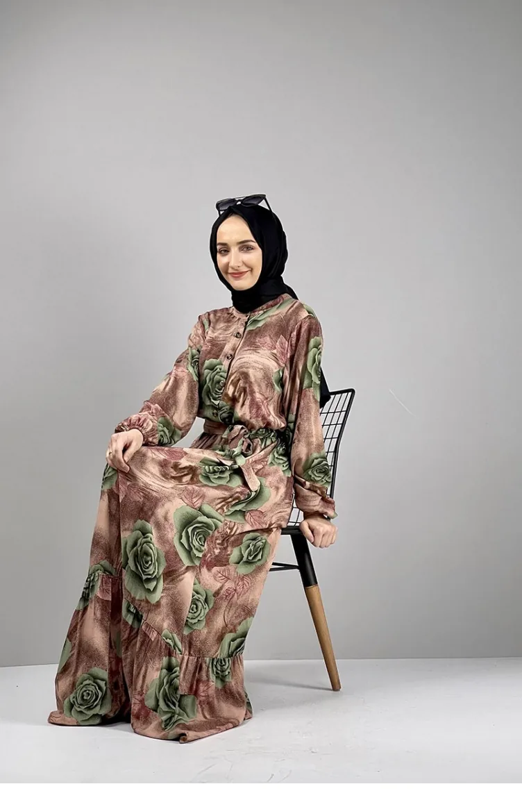 Floral Patterned Hijab Dress Khaki 0249SGS.HAK